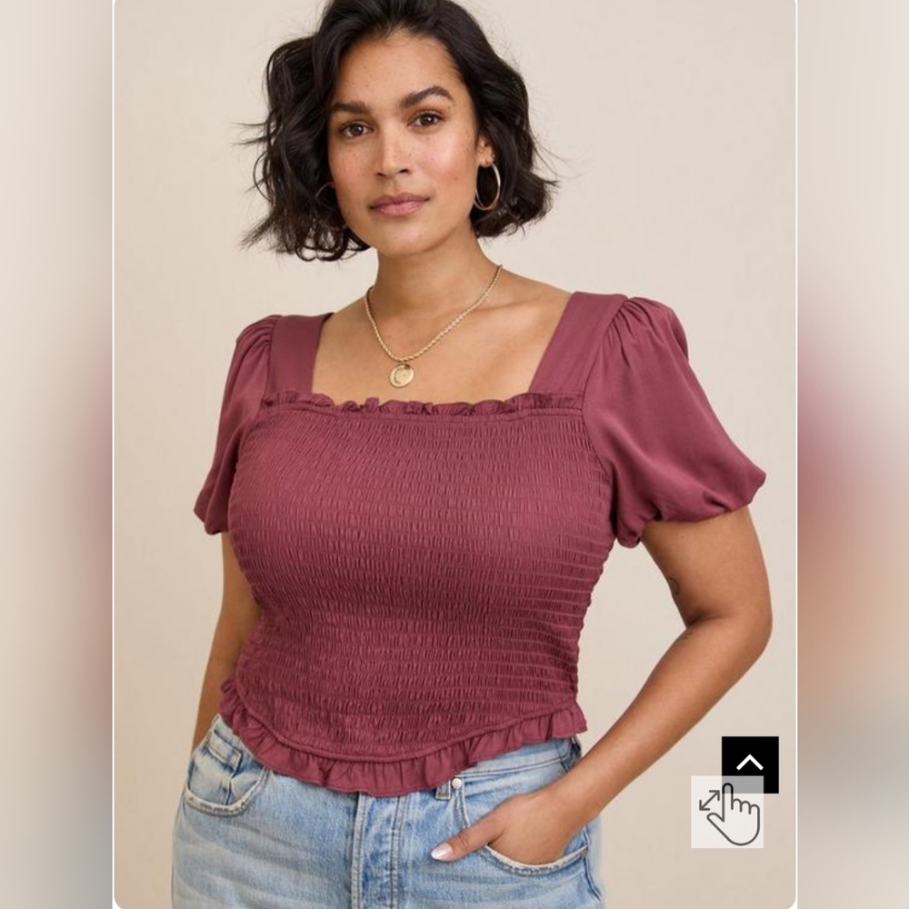 Torrid Stretch Challis Smocked Puff Sleeve Crop Top Size 5 (5X) - Picture 3 of 5